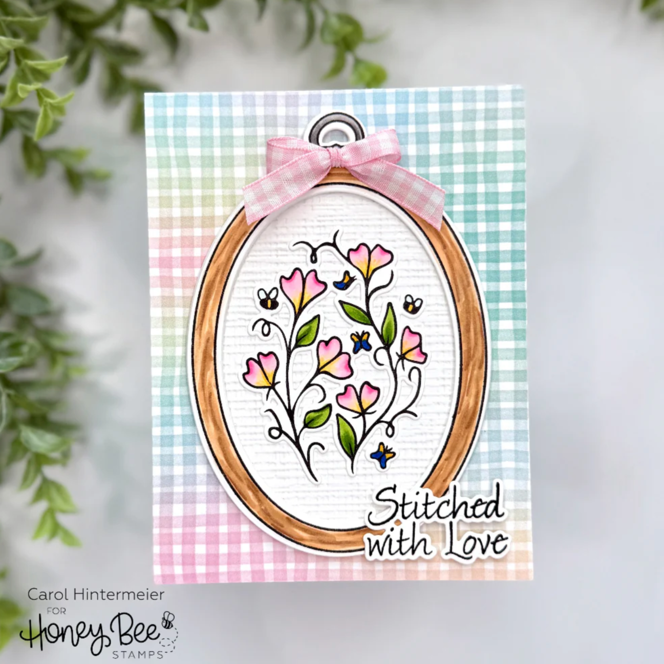 Honey Bee Stitched With Love Dies hbds-656 Carol Hintermeier Card