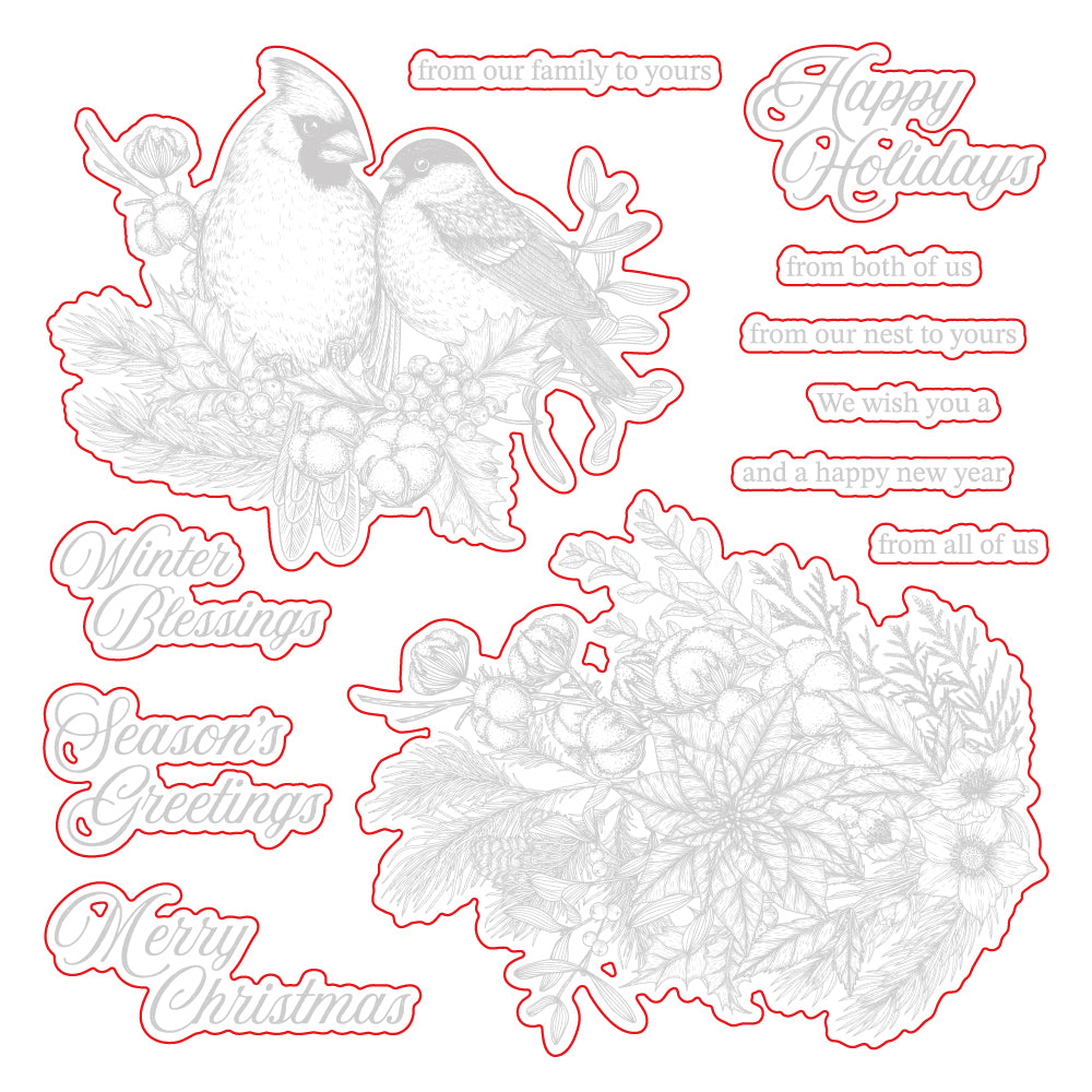 Honey Bee Winter Song Cling Stamps And Dies Bundle in Color dies outlined