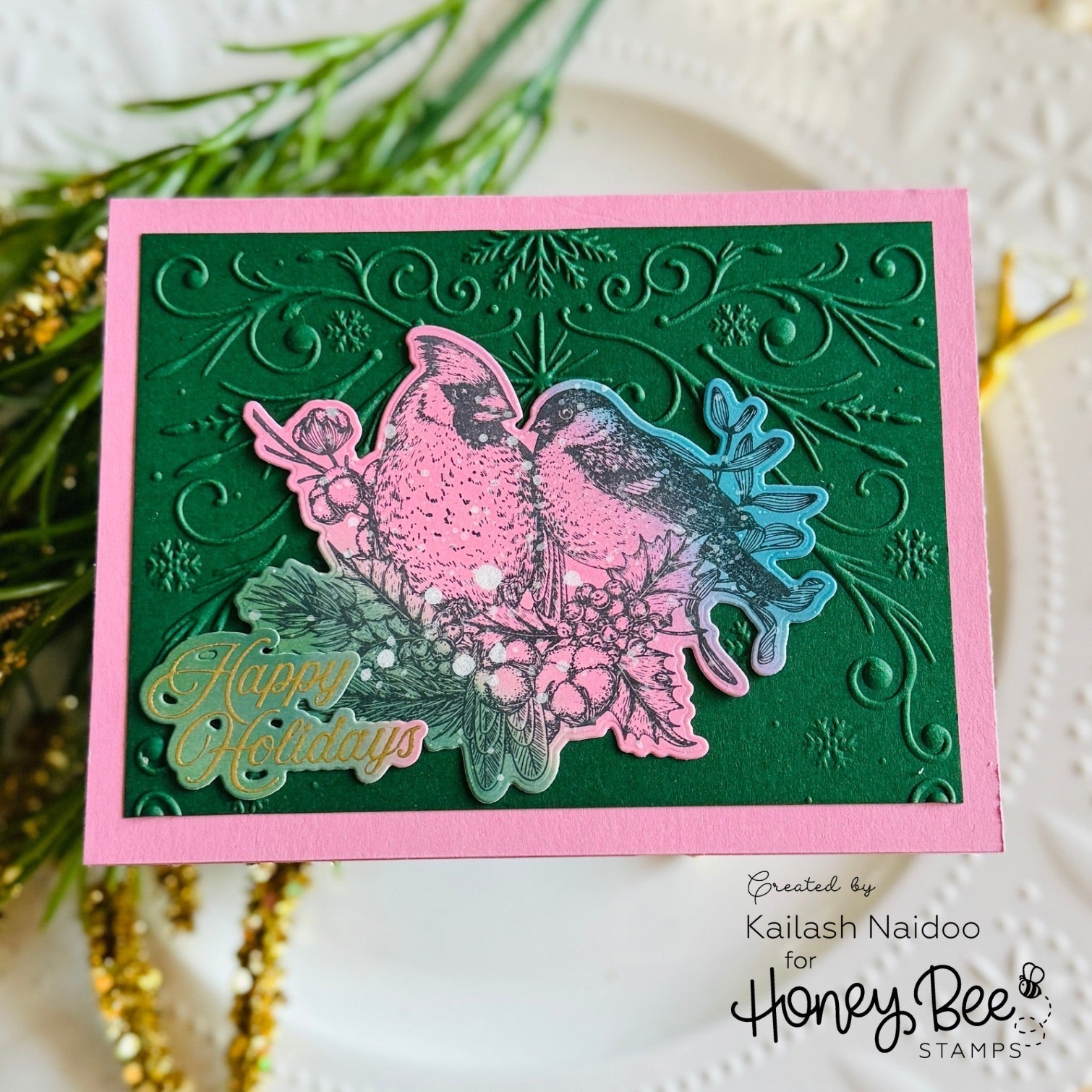 Honey Bee Winter Song Cling Stamps hbst-675 Happy Holidays Card