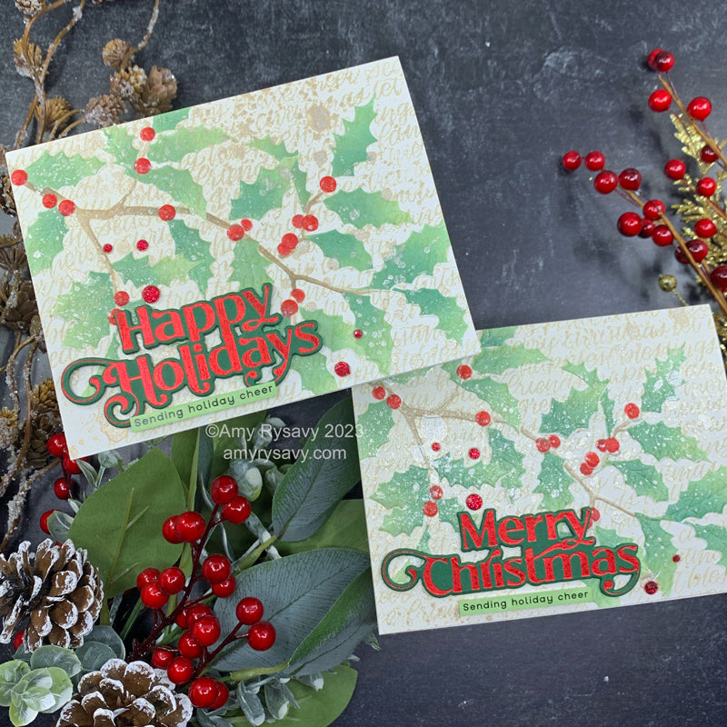 Tim Holtz Distress Decayed Mica Stain Ranger Stenciled Holly Cards | color-code:ALT03