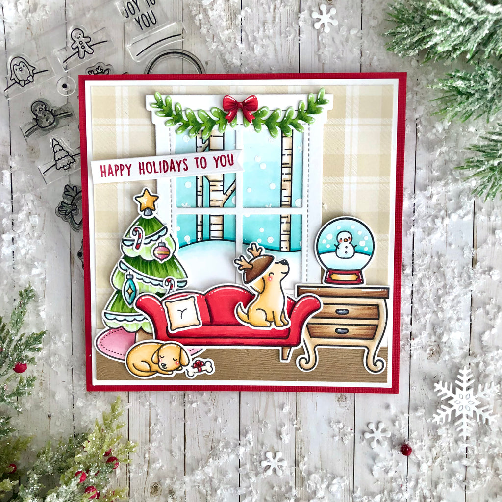 Lawn Fawn Set Little Snow Globe: Dog Clear Stamps and Dies Happy Holidays to You