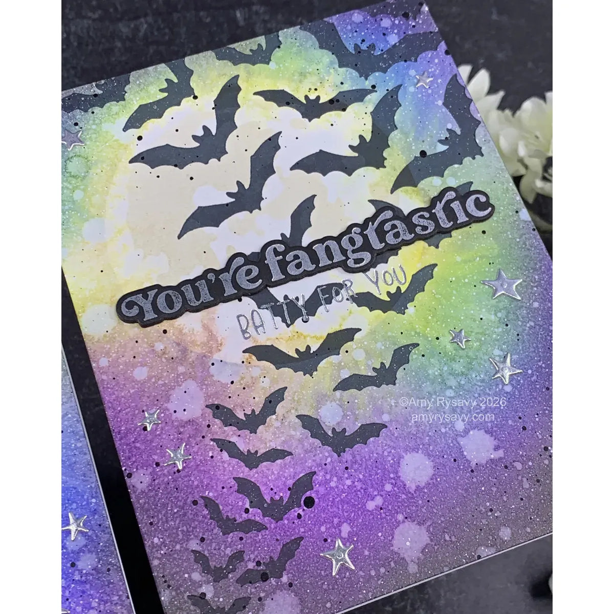 Spellbinders Winged Shadows Press and Foil Plates bp-385 bats flying silver stars you're fangtastic card amy rysavy | color-code:ALT01