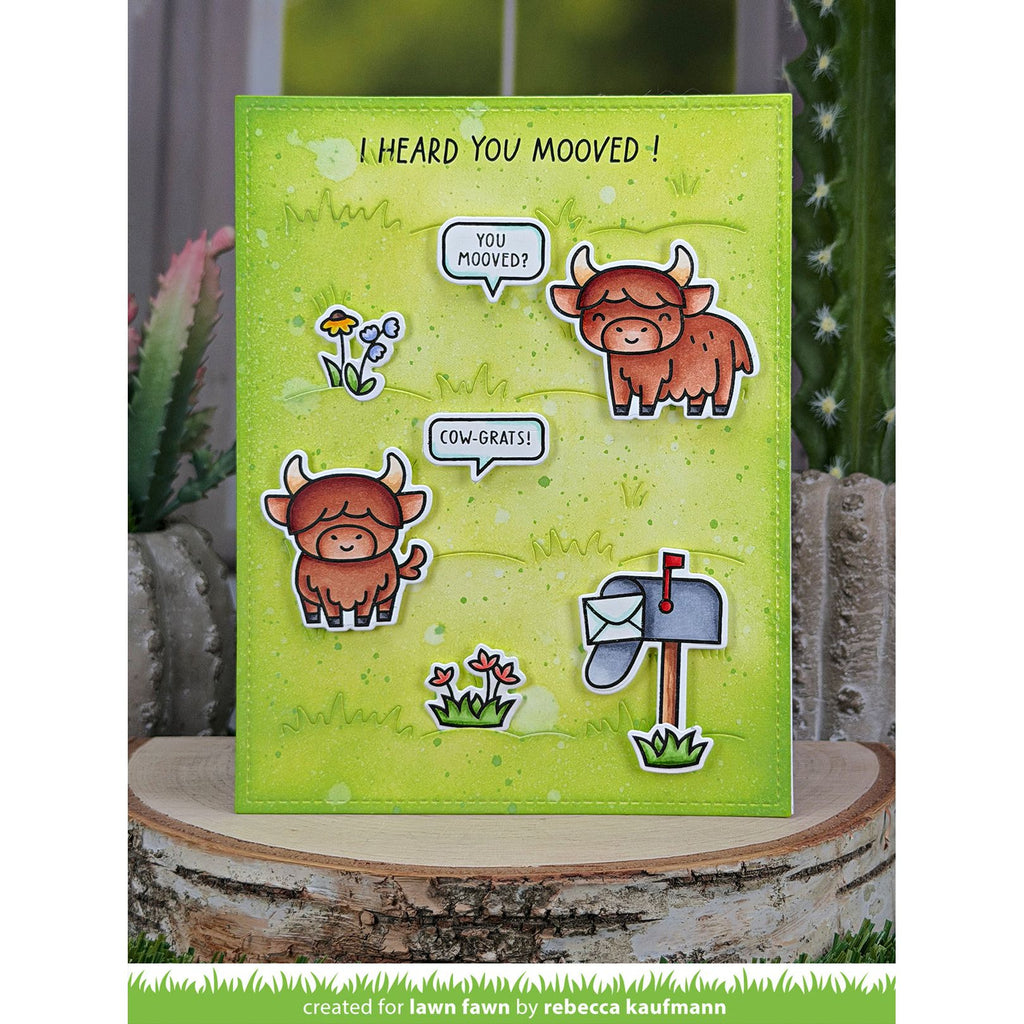 I Heard You Mooved! Moving Congratulations Card with Highland Cows and Mailbox in Pasture Scene