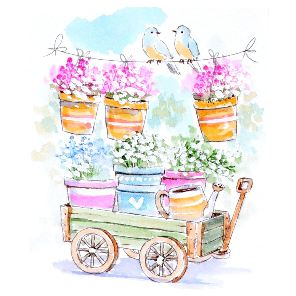 Illustration of a cart with flower pots and birds on a wire against a light blue background