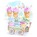 Illustration of a cart with flower pots and birds on a wire against a light blue background