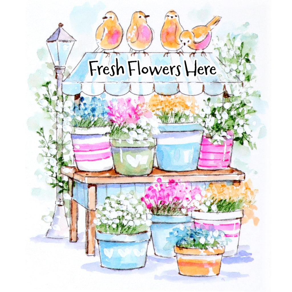 Illustration of a flower stand with potted plants and colorful pots, featuring the text 'Fresh Flowers Here'.