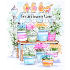 Illustration of a flower stand with potted plants and colorful pots, featuring the text 'Fresh Flowers Here'.