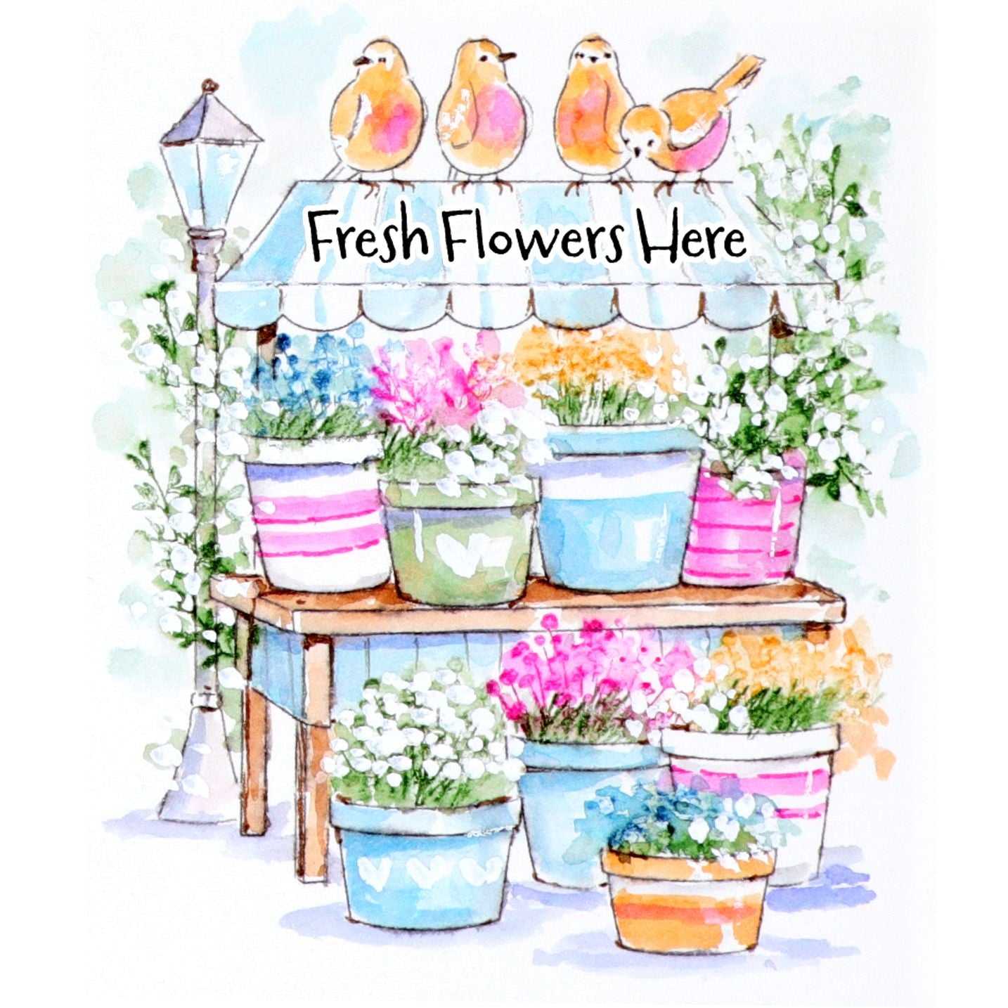 Illustration of a flower stand with potted plants and colorful pots, featuring the text 'Fresh Flowers Here'.