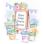 Illustration of a garden scene with pots of flowers and a sign listing flower types.