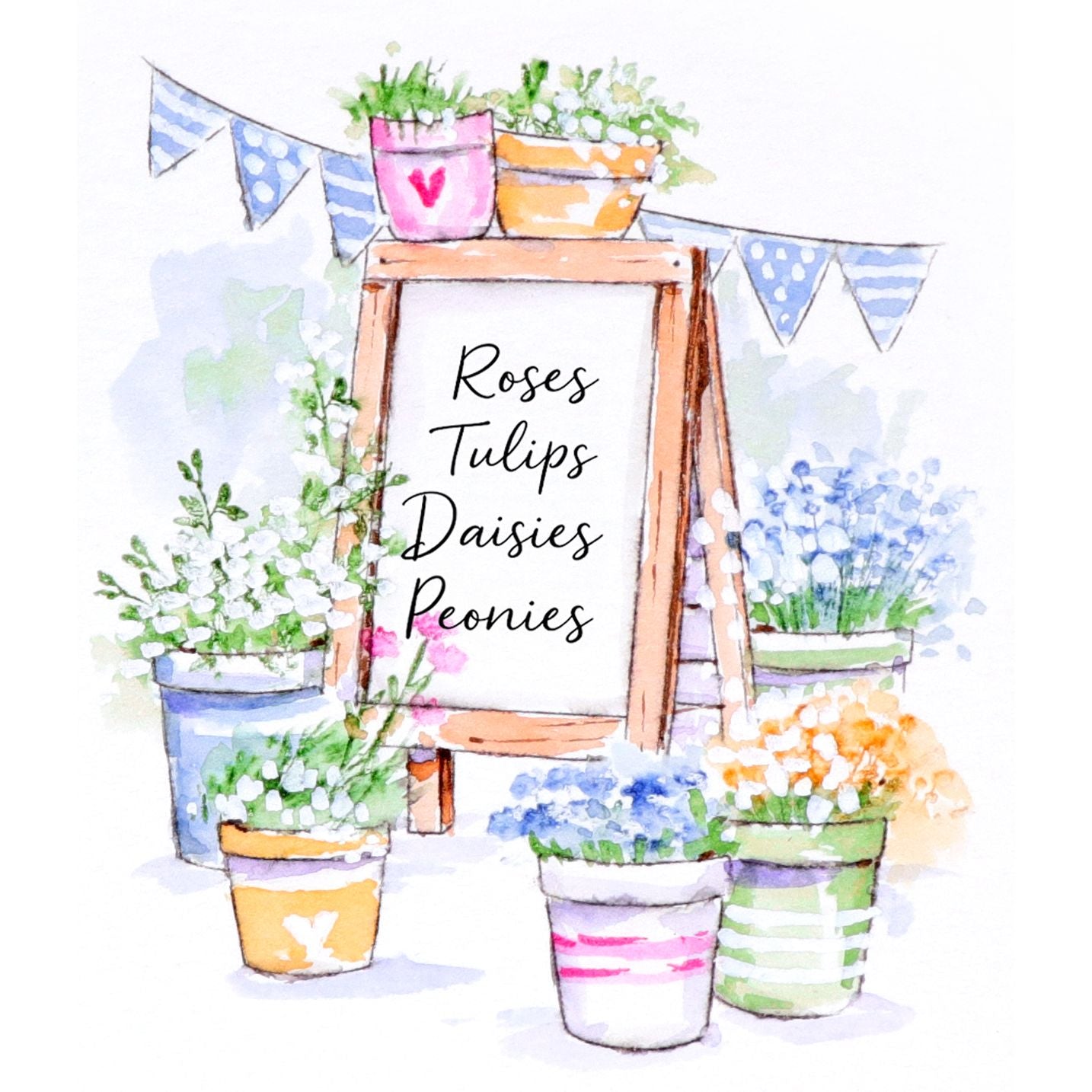 Illustration of a garden scene with pots of flowers and a sign listing flower types.