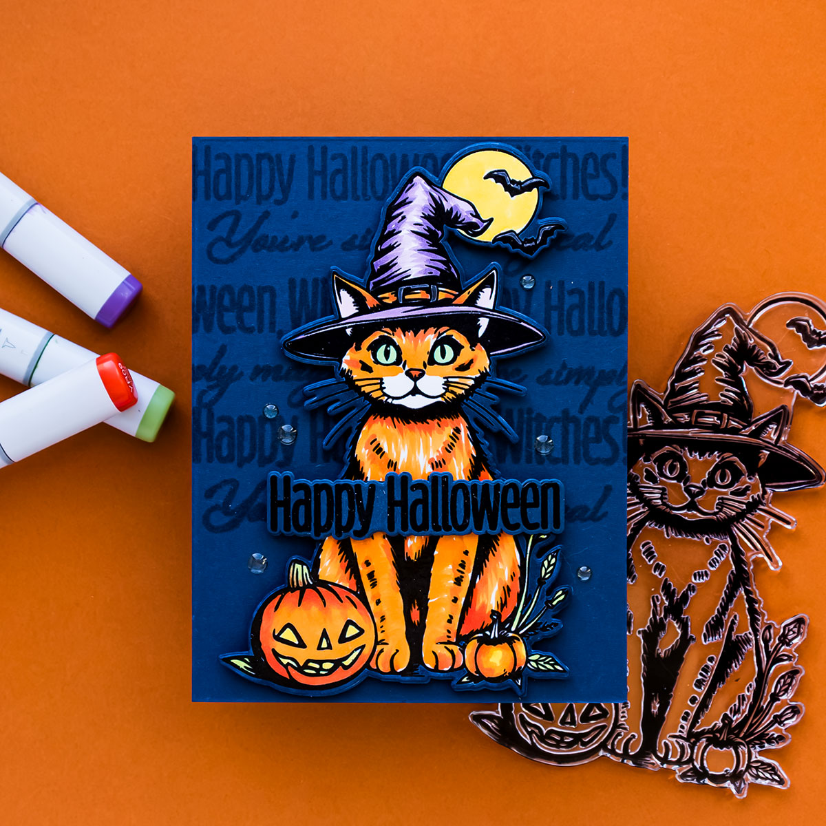 InkOn3 Witch Cat STAMPtember Exclusive Stamps and Dies Halloween Cat Card Yana Smakula | color-code:ALT01