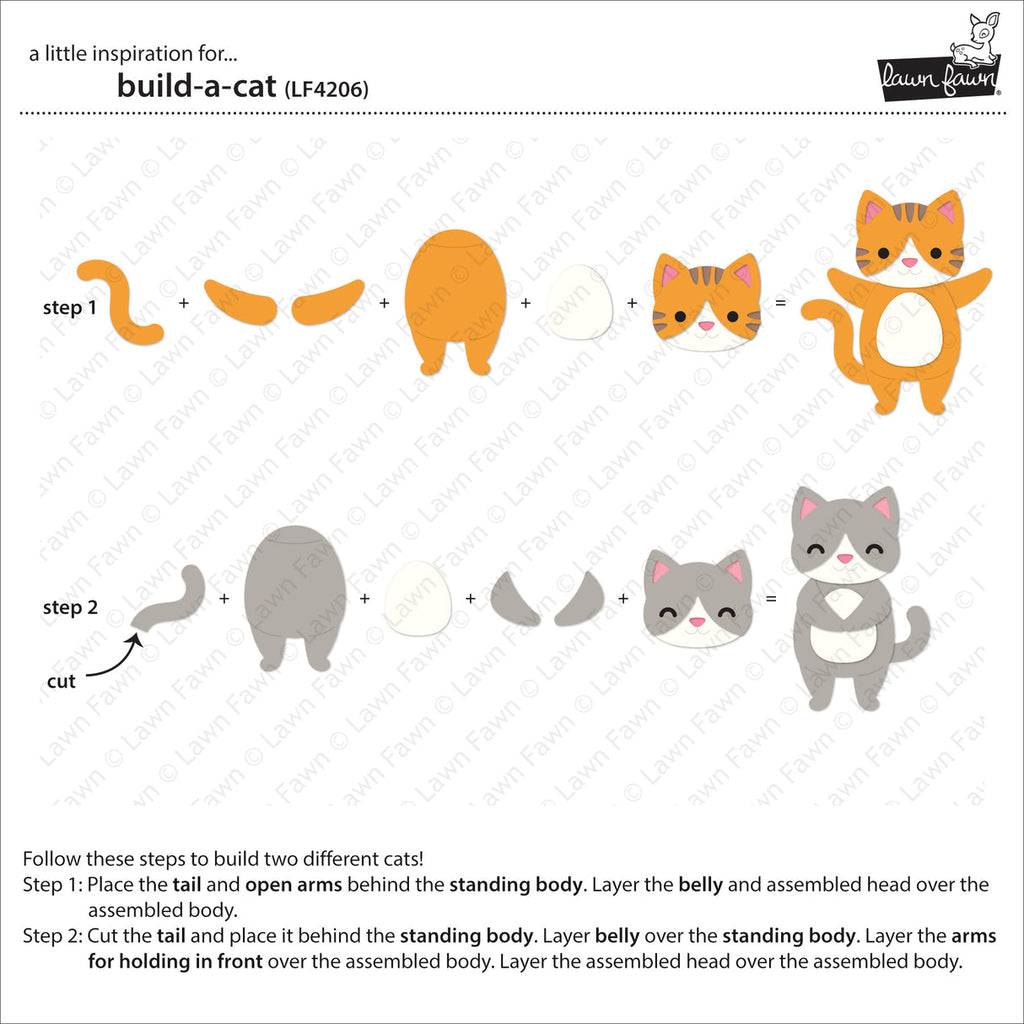 Instruction sheet for building a cat from layered paper cut pieces, showing two steps with orange and gray body pieces assembled into cat shapes, with text instructions