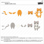 Instruction sheet for building a cat from layered paper cut pieces, showing two steps with orange and gray body pieces assembled into cat shapes, with text instructions