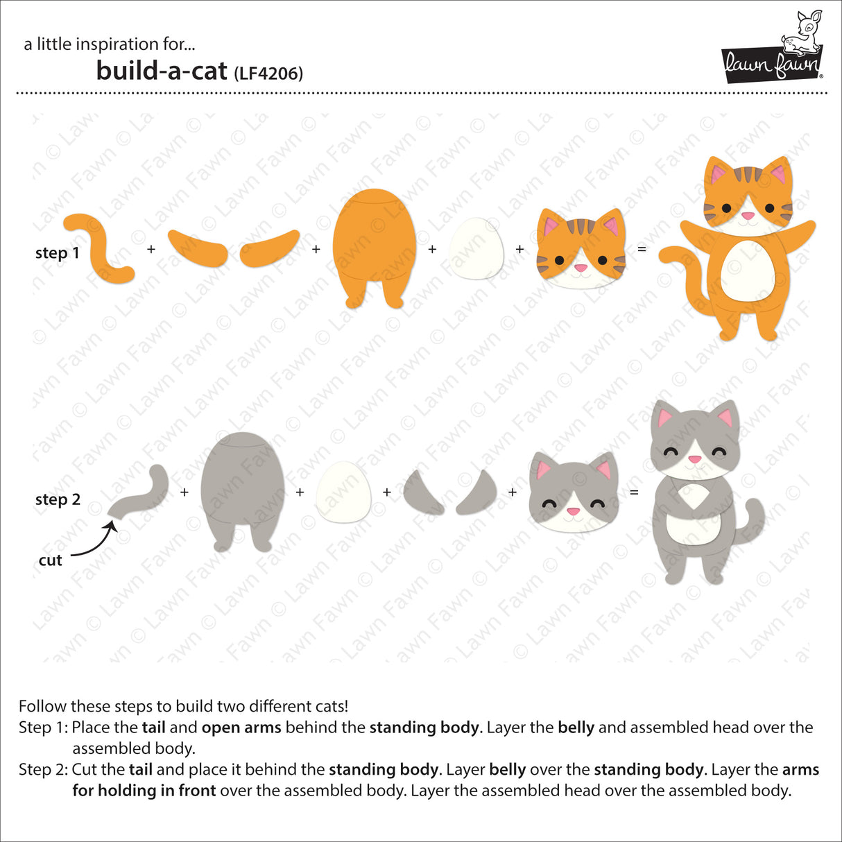 Instruction sheet for building a cat from layered paper cut pieces, showing two steps with orange and gray body pieces assembled into cat shapes, with text instructions