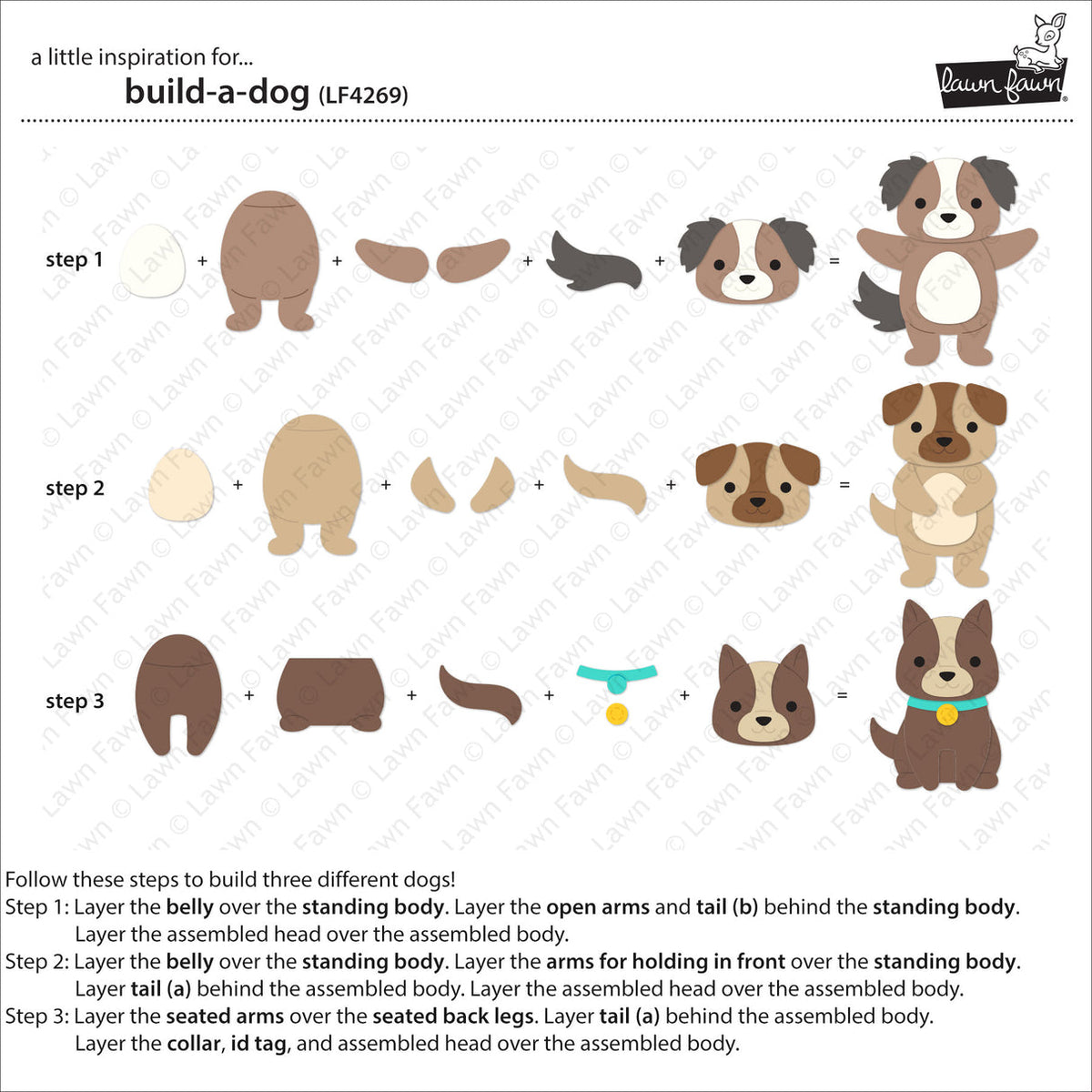 Instruction sheet showing how to build a dog from three steps with layered pieces and small dog illustrations, titled 'build-a-dog' with code '(LF4269)'.
