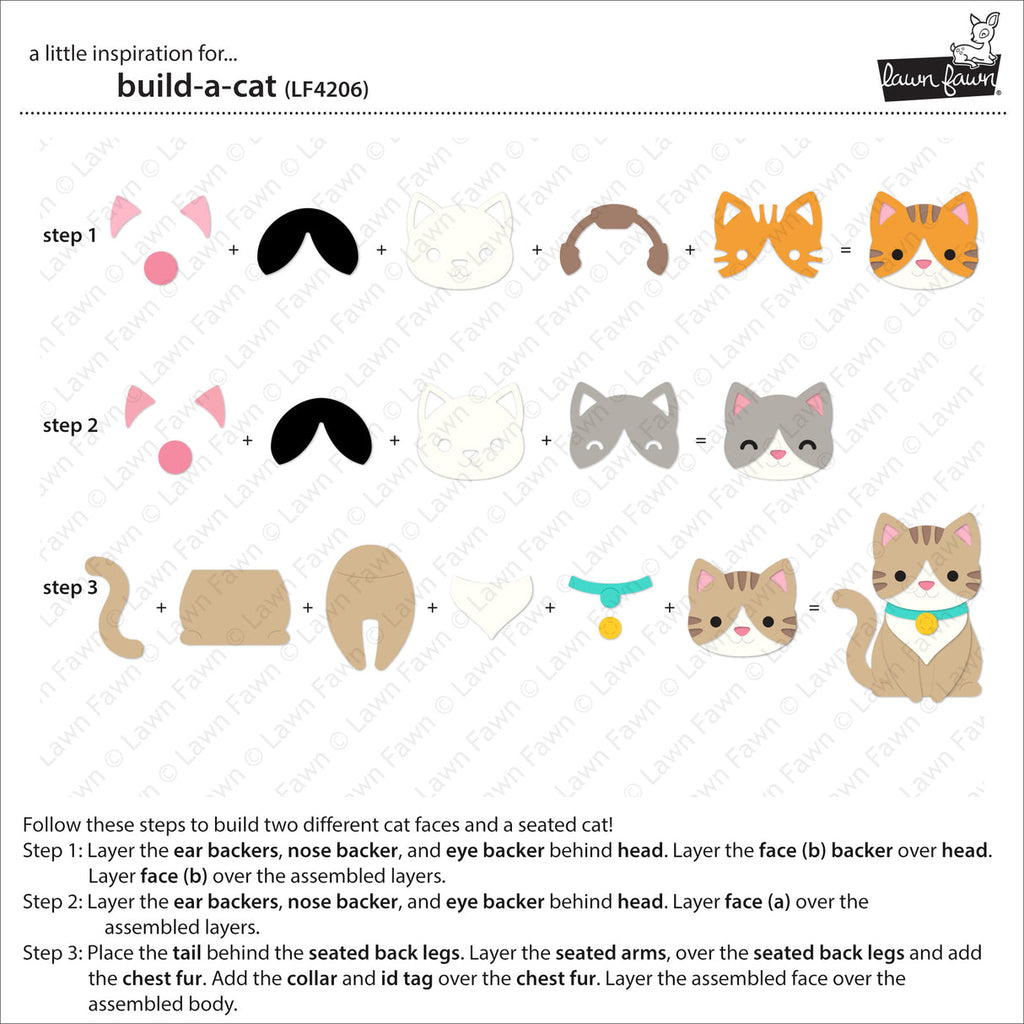 Instruction sheet titled 'build-a-cat' showing three illustrated steps to assemble a cat figure, with cartoon parts and assembly directions on a white background.