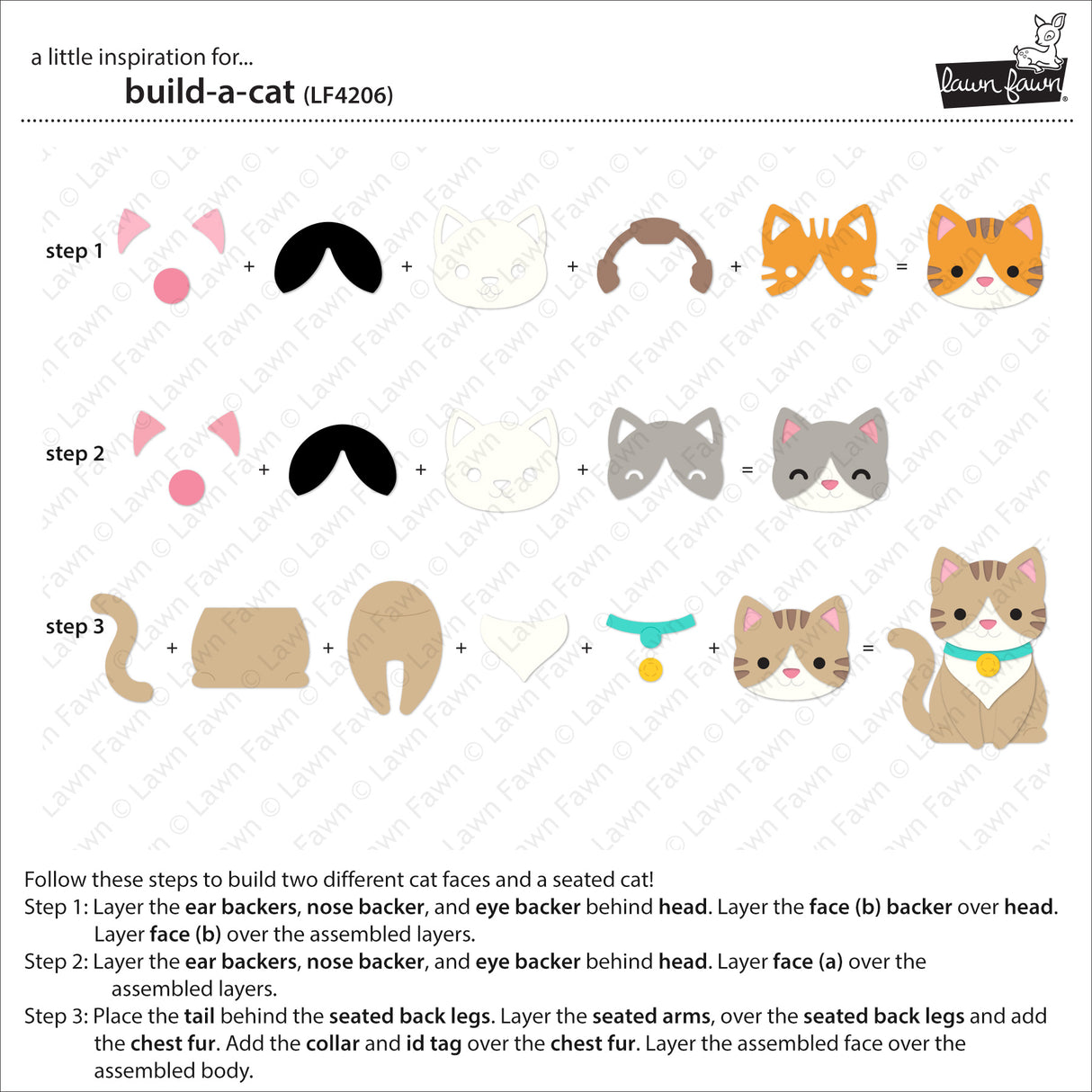 Instruction sheet titled 'build-a-cat' showing three illustrated steps to assemble a cat figure, with cartoon parts and assembly directions on a white background.