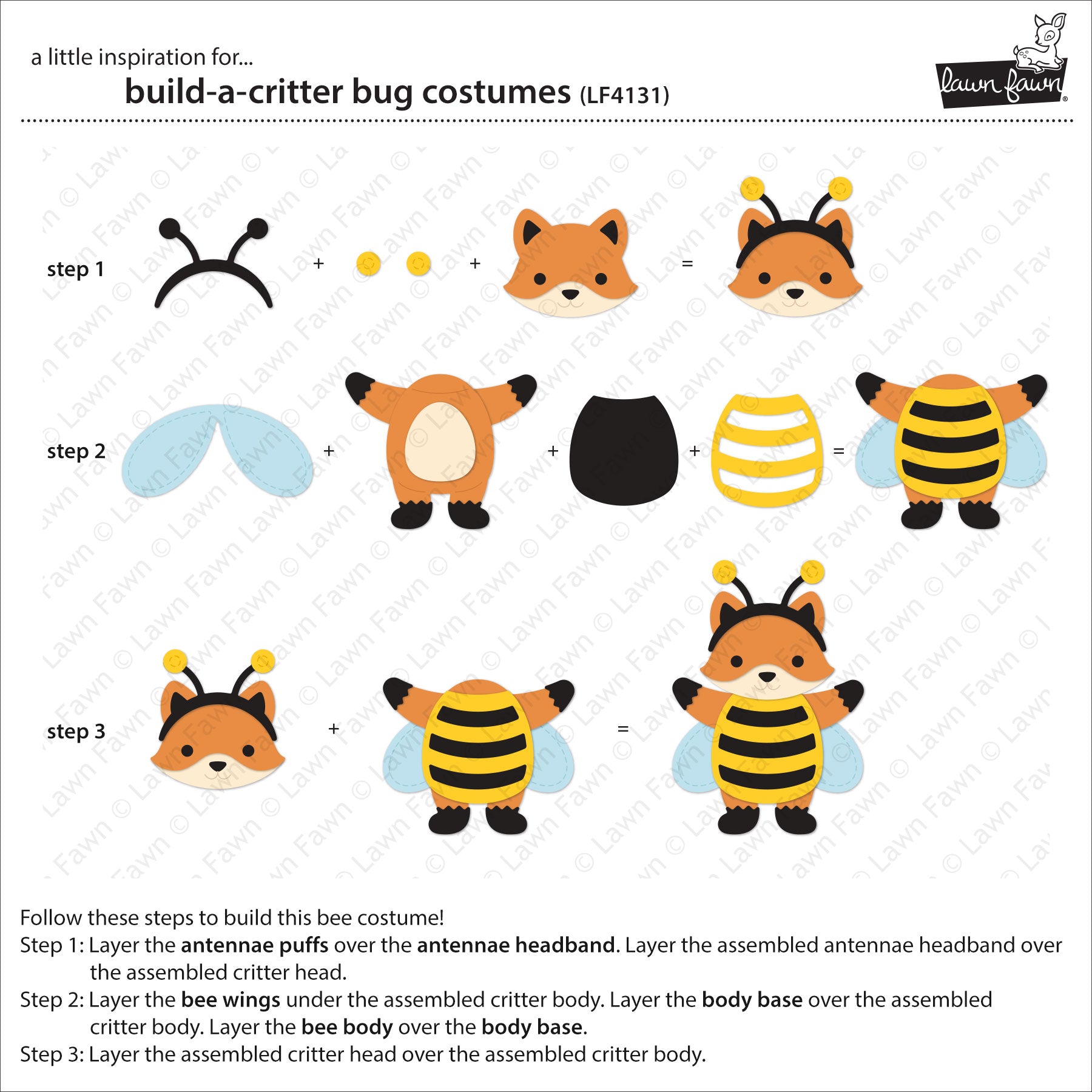 Instructions for building a bee costume with cartoon fox and bee designs.