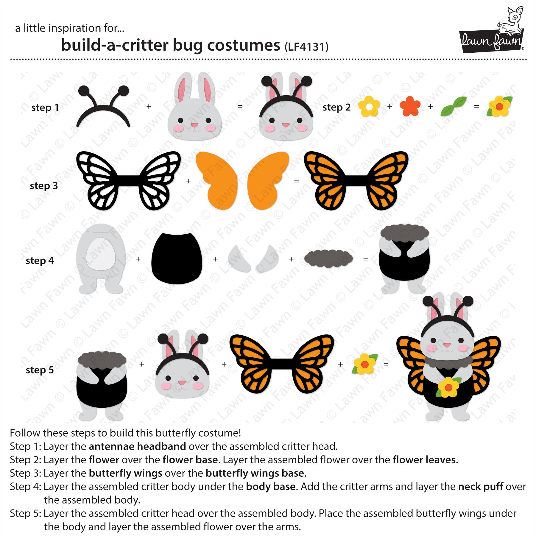 Instructions for building a butterfly costume with step-by-step assembly diagram.