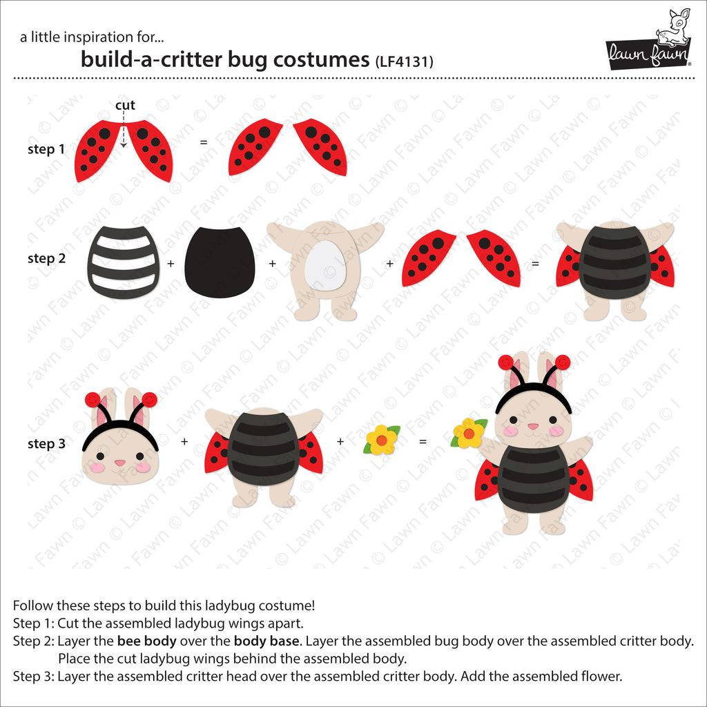 Instructions for building a ladybug costume with cut-out pieces on a white background.