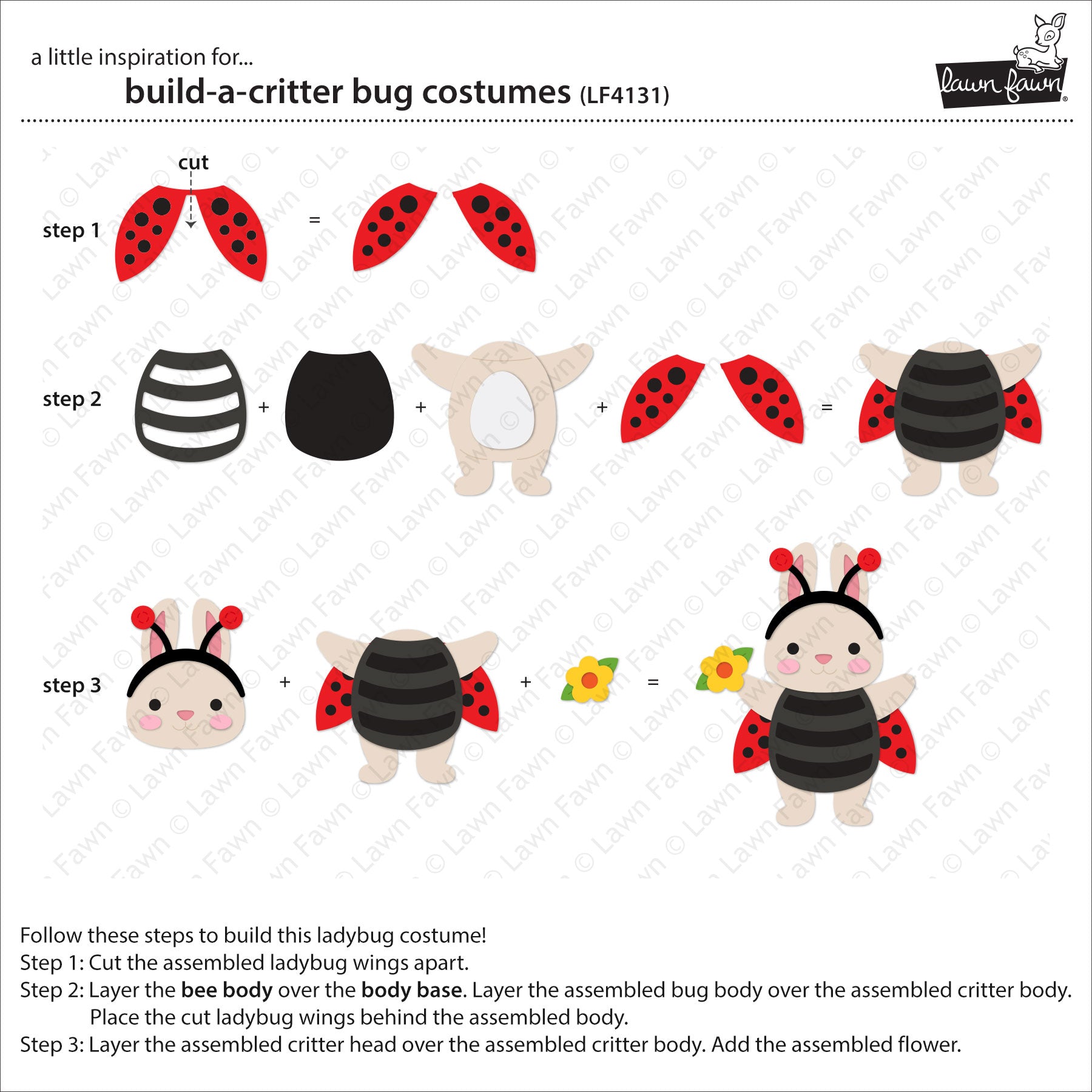 Instructions for building a ladybug costume with cut-out pieces on a white background.