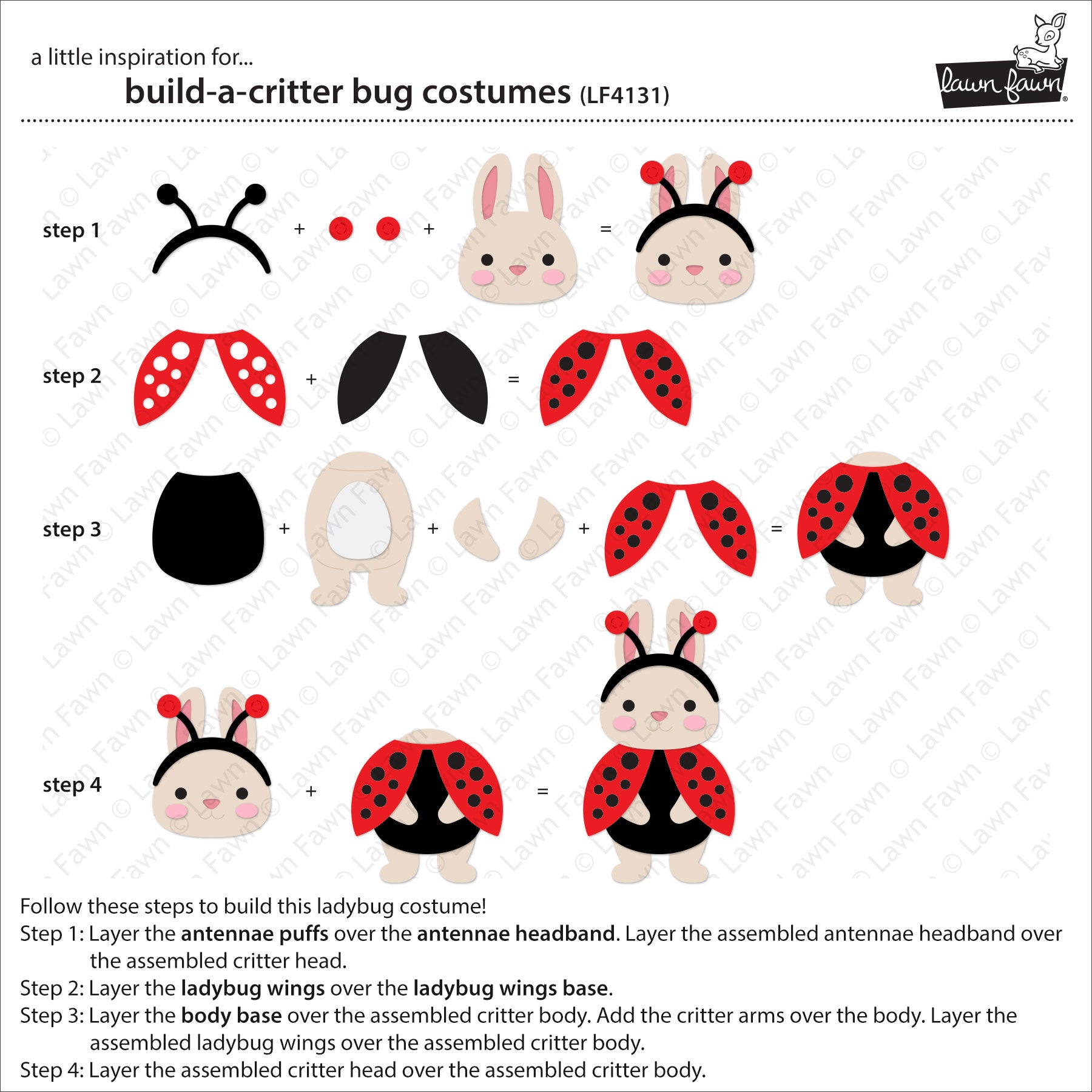 Instructions for building a ladybug costume with step-by-step assembly guide.