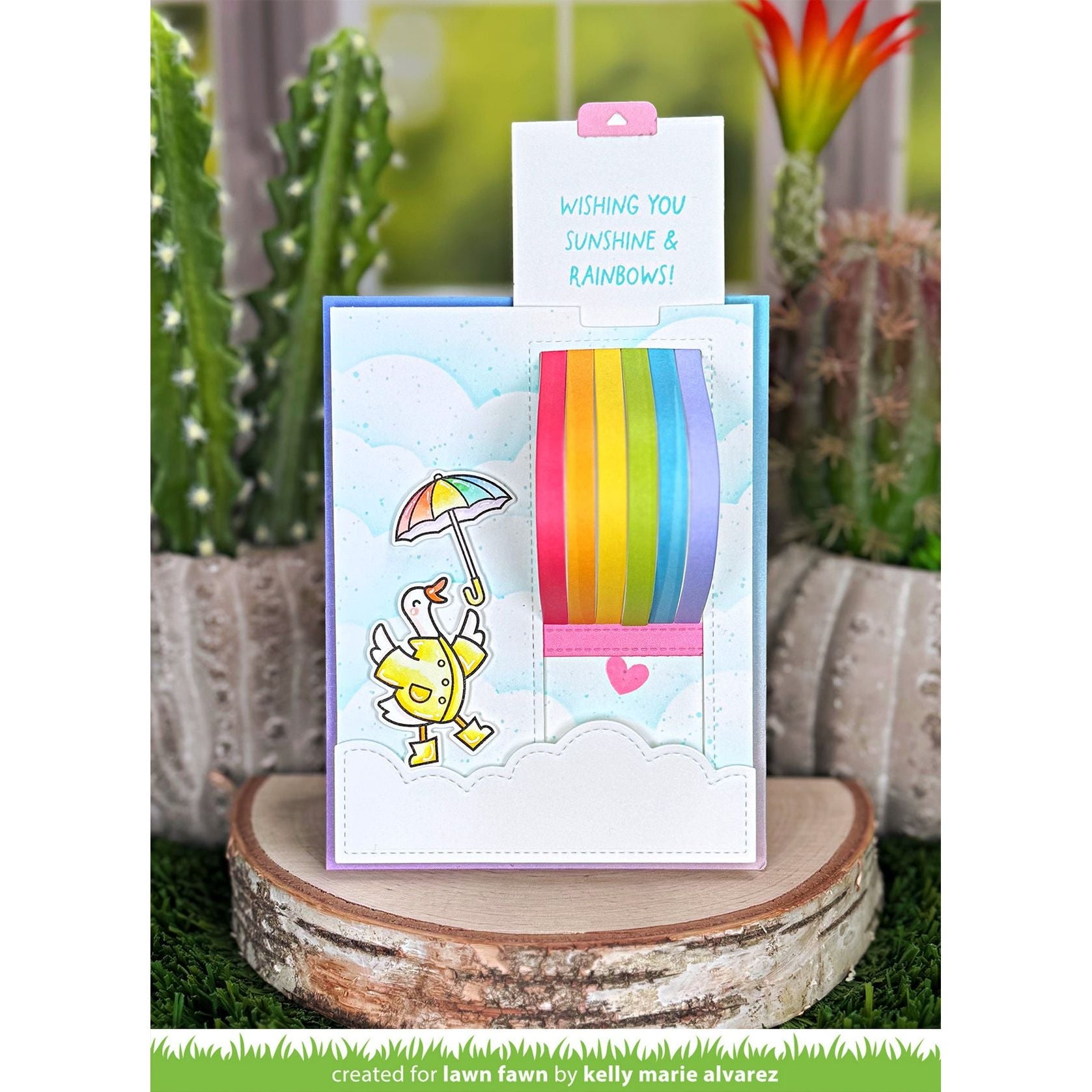 Interactive Card with Dog in Raincoat and Umbrella with Rainbow and Sentiment 'Wishing You Sunshine and Rainbows!'