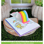 Interactive Card with Dog in Raincoat and Umbrella with Rainbow and Sentiment 'Wishing You Sunshine and Rainbows!' flat angle