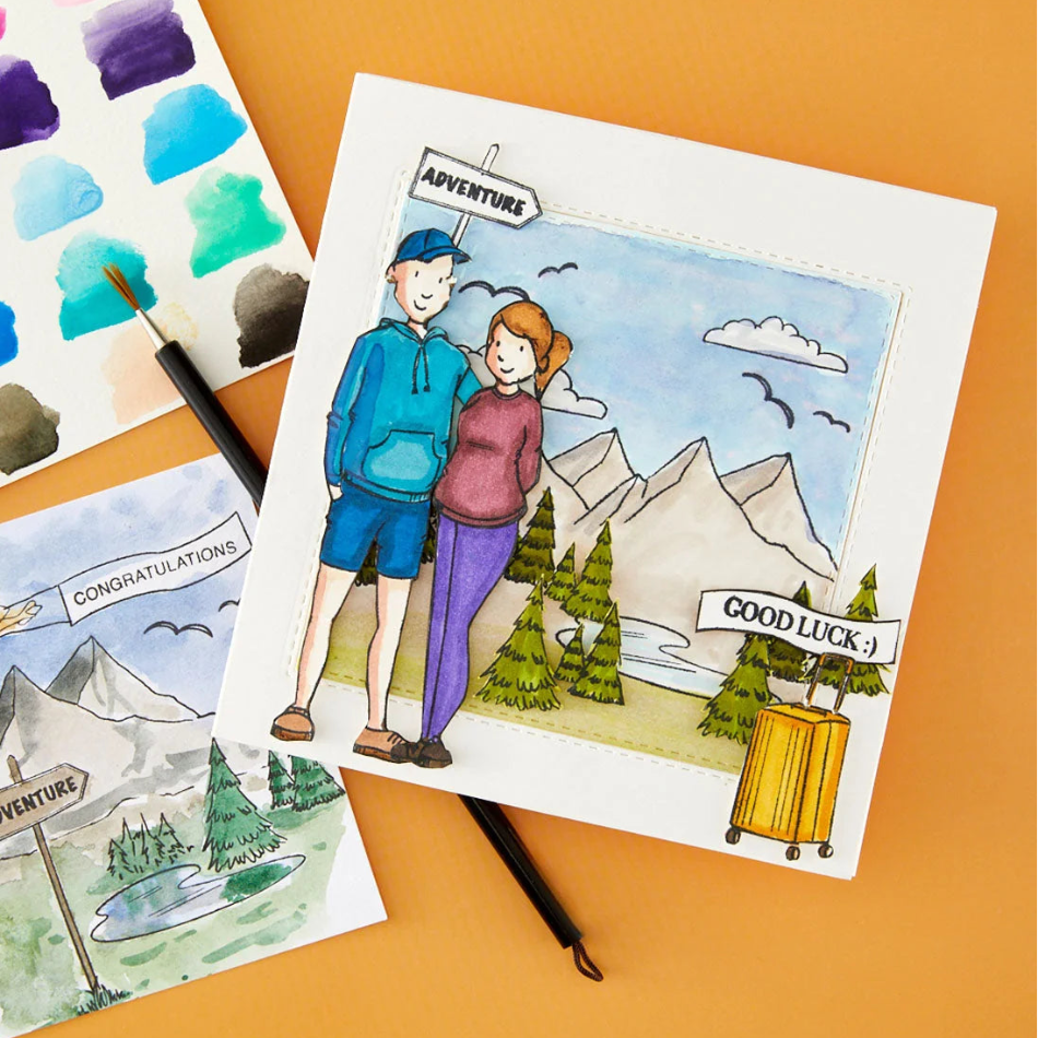 Josh Griffiths Studio Beyond Stamping Custom Portrait 1 Clear Stamp Set jgs0001 couple in front of mountains clouds birds adventure card