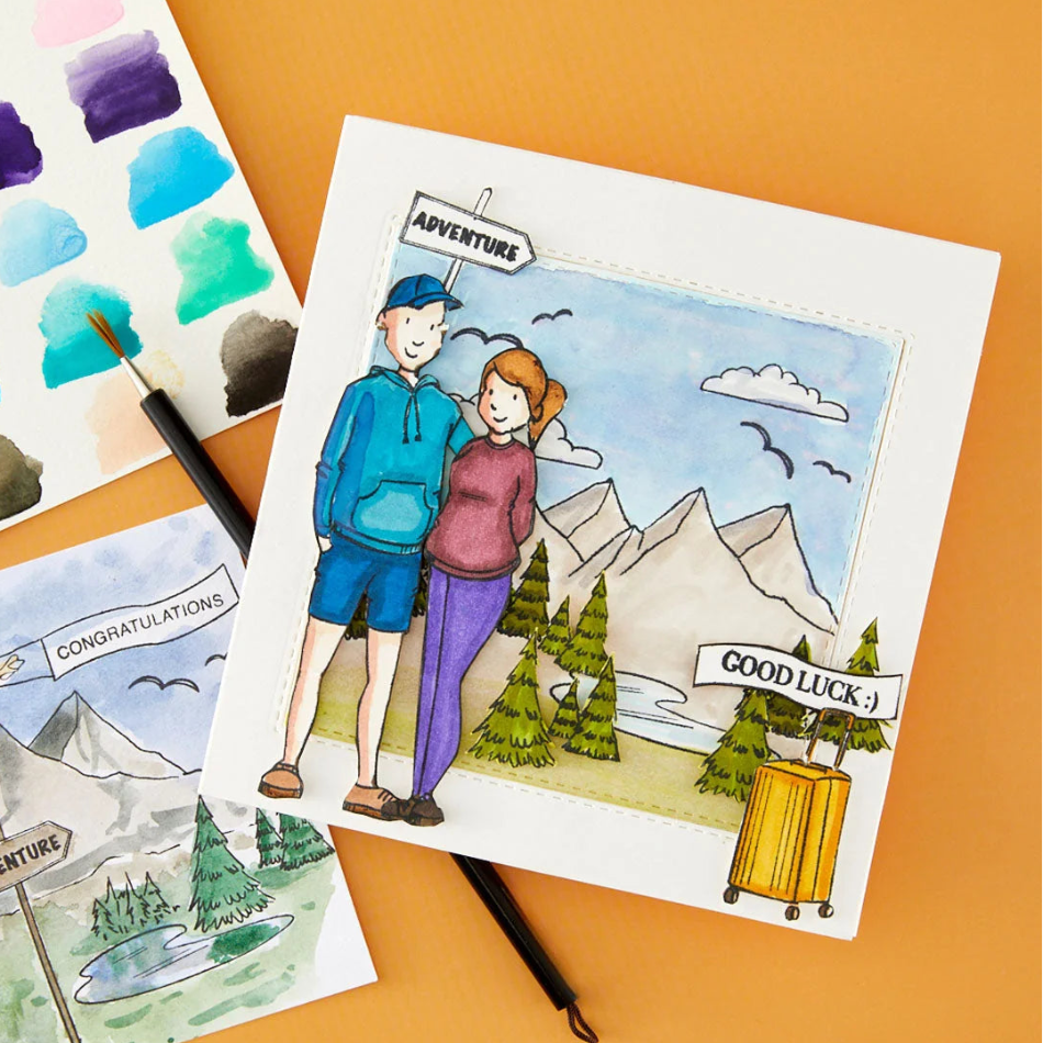 Josh Griffiths Studio Beyond Stamping Custom Portrait 2 Clear Stamp Set jgs0002 couple in front of mountains suitcase adventure card