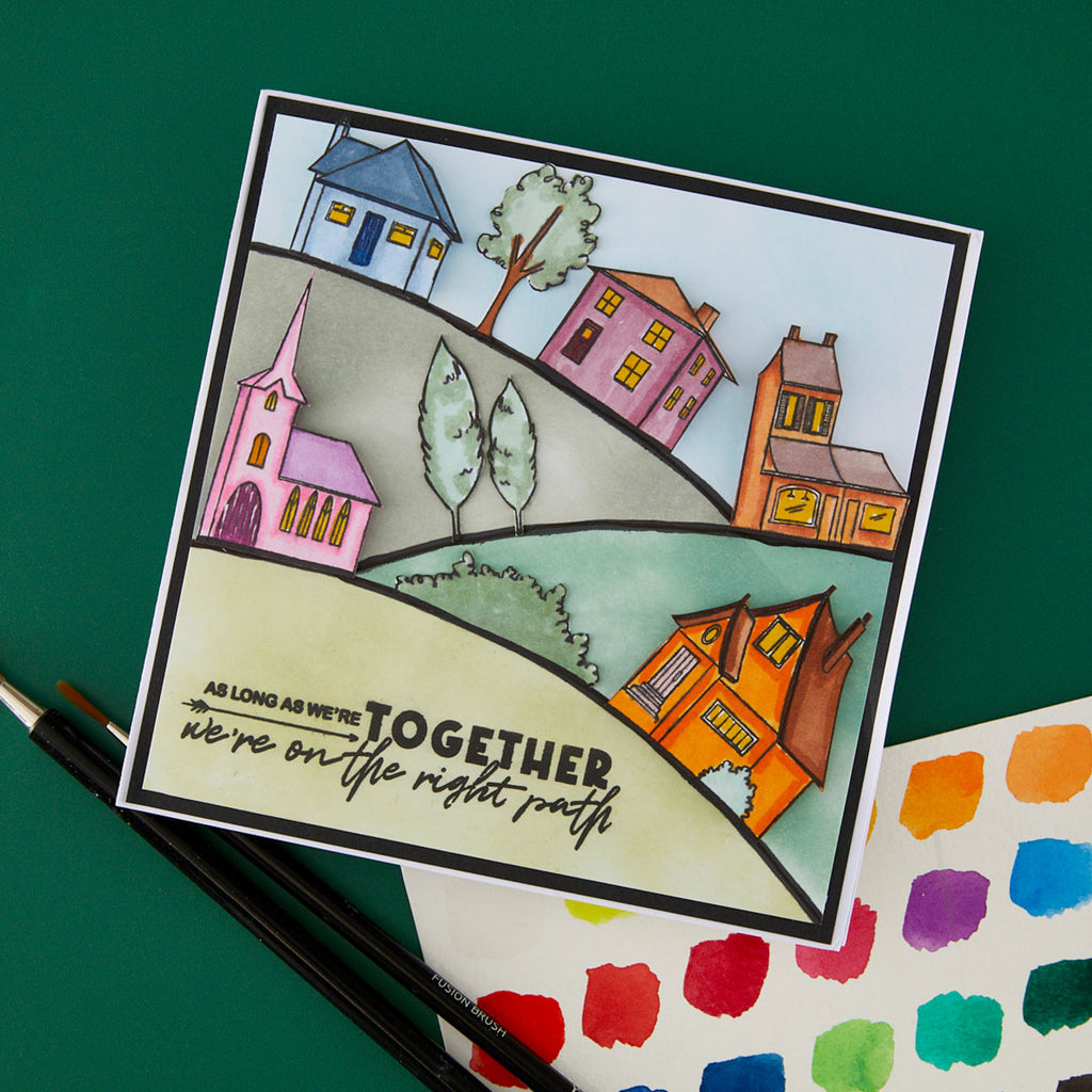 Josh Griffiths Studio Little Lodgings Clear Stamp Set jgs0007 houses on the right path card