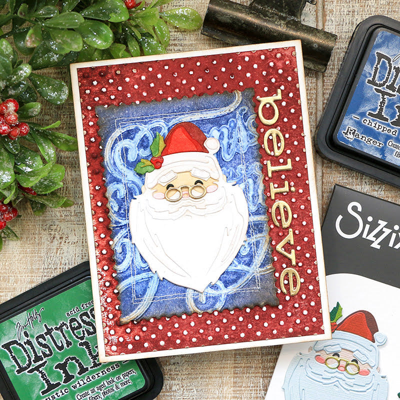 Tim Holtz Sizzix Vault Seasons Greetings A6 Multi Level Embossing Folder 667249 santa white dots believe card juliana michaels