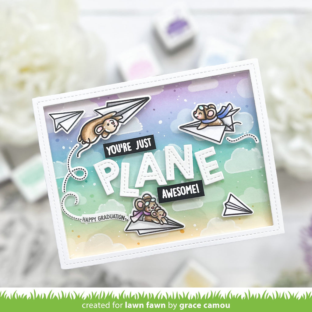 Lawn Fawn Set Just Plane Awesome Sentiment Trails Stamps and Dies lfsjpas cloud background