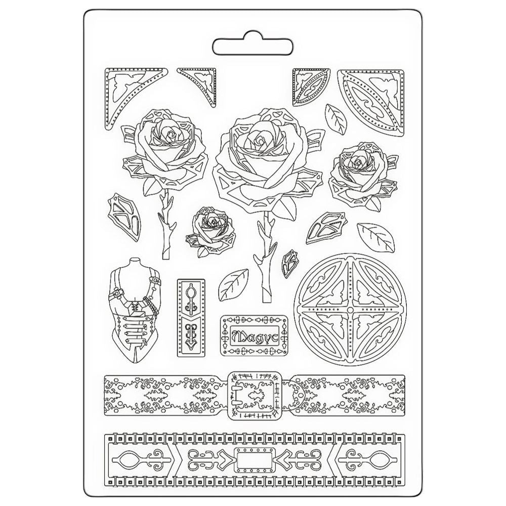 Stamperia Sir Vagabond In Fantasy World Mechanical Rose And Borders A4 Soft Mold k3pta4575