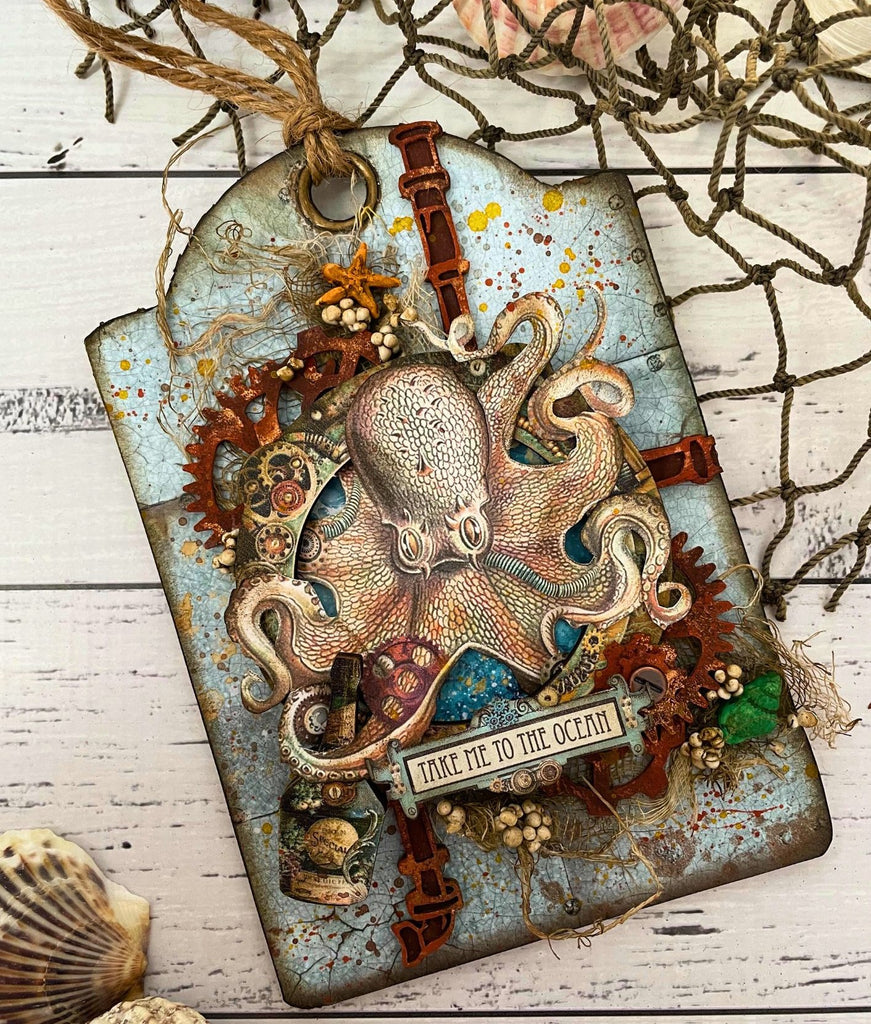 Stamperia Songs Of The Sea The Ocean Is Calling Colored Wooden Shapes A5 klsp147 octopus tag