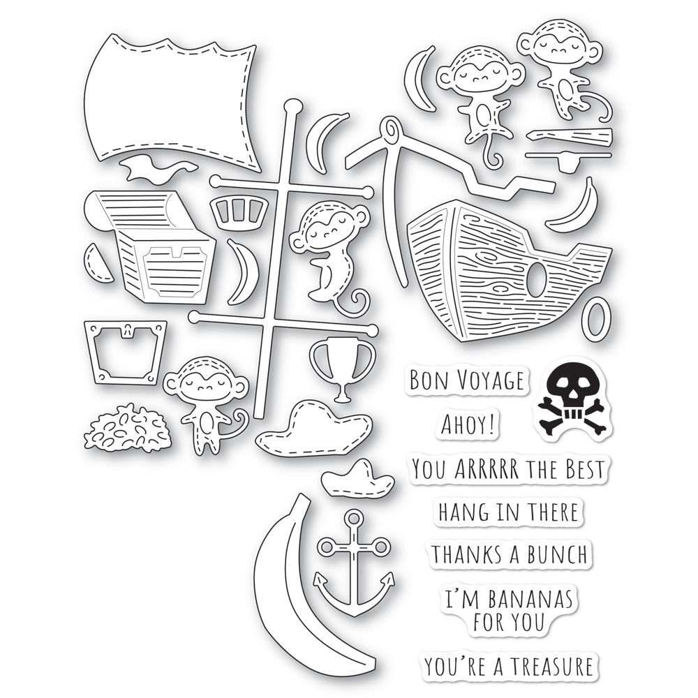 Poppy Stamps Whittle Pirate Monkey Stamp and Die Kit kt002 pieces