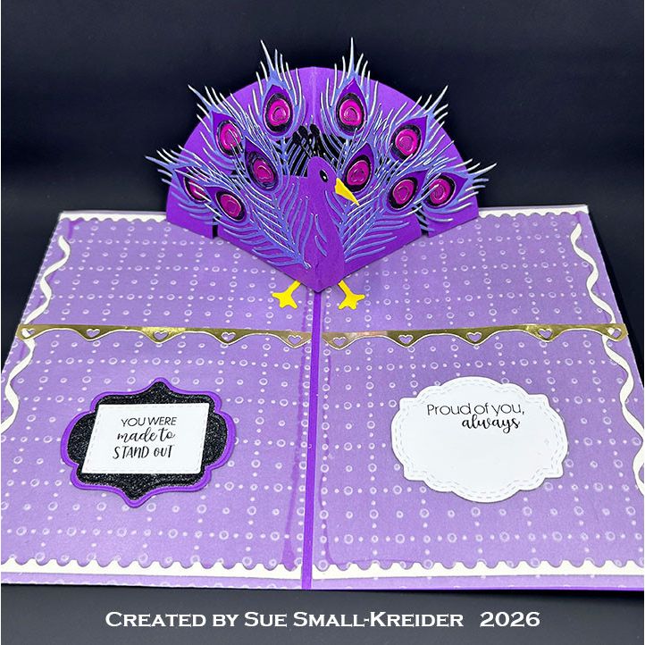 Karen Burniston Arch Pop Up and Peacock Add on Die Set purple background