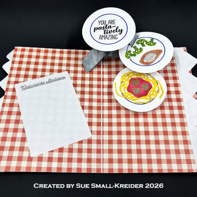 Karen Burniston Mealtime Elements Dies 1338 red plaid tablecloth card