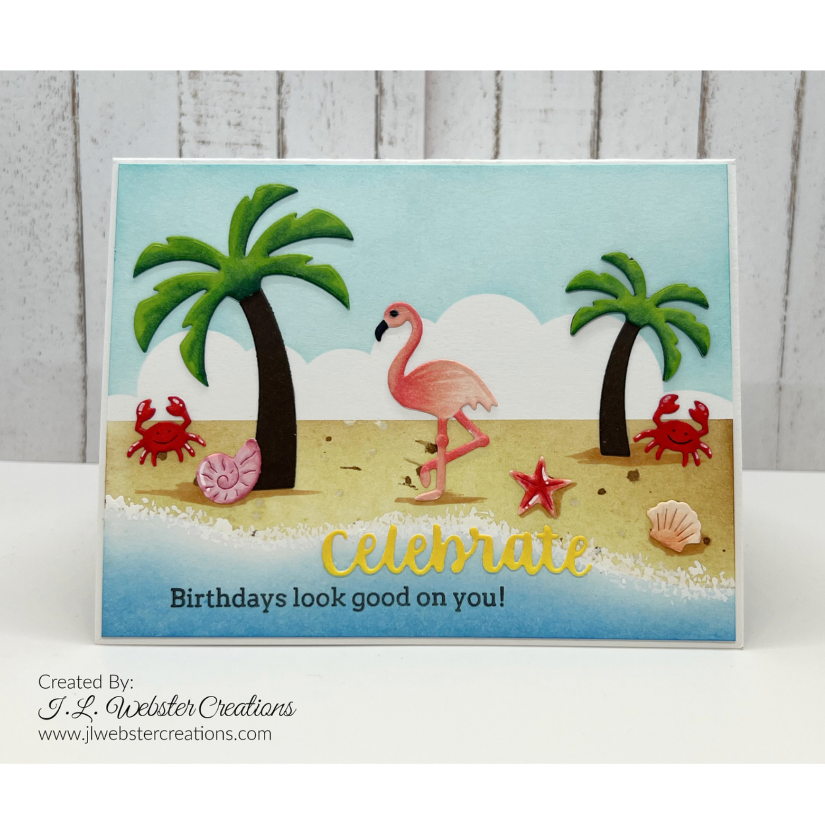 Karen Burniston Palm Tree Pop Up Dies 1039 flamingo on beach