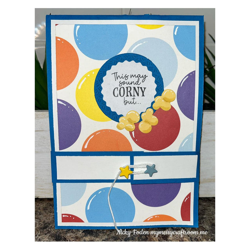 Karen Burniston Popcorn Phrases Clear Stamp and Popcorn Die Set circles