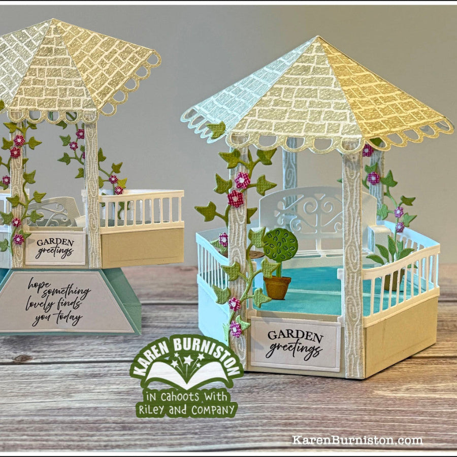 Karen Burniston Stage Pop Up and Gazebo Stage Add-ons Die Set pink flowers garden card