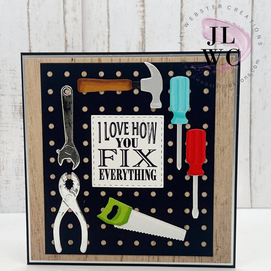 Karen Burniston Tool Time Sayings Clear Stamps cs037 tool board with tools card