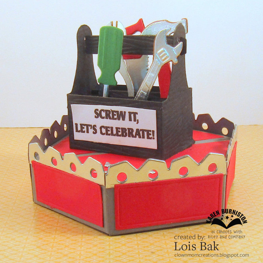 Karen Burniston Toolbox Pop-up and Six Pack Toolbox Add-ons Die Set let's celebrate card