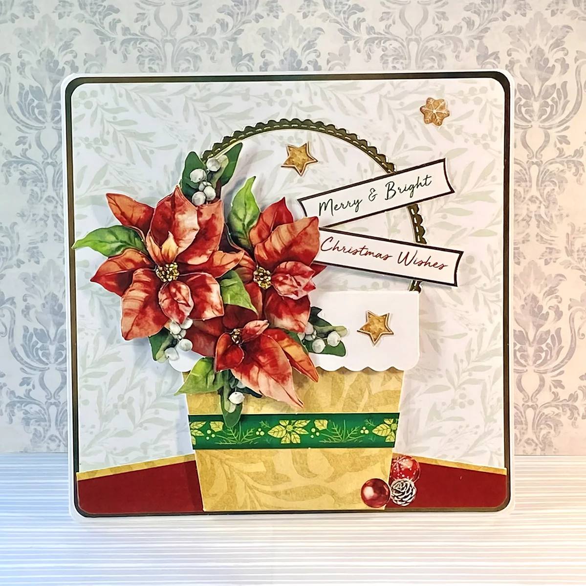 Katy Sue Designs Christmas Flower Pots Card Making Kit 17-10080cfp poinsettia flowers berries stars gold basket merry and bright card