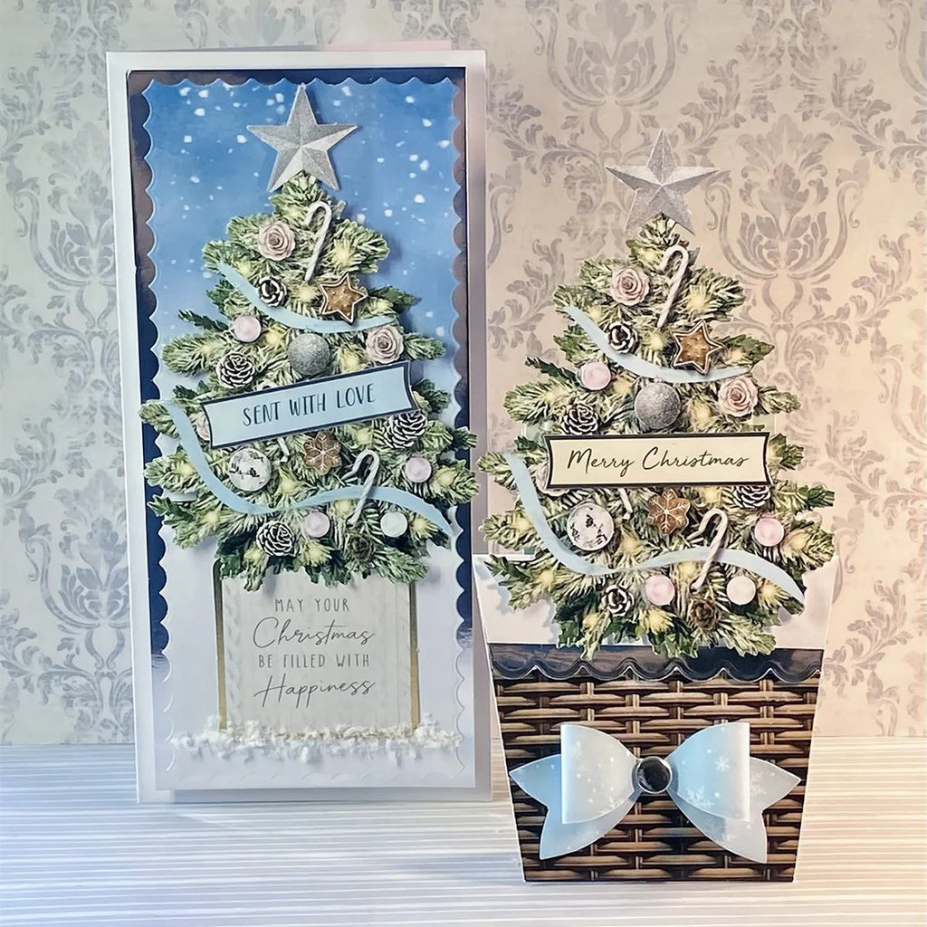 Katy Sue Designs Christmas Flower Pots Card Making Kit 17-10080cfp silver star tree with ornaments candy cane blue bow basket merry christmas card