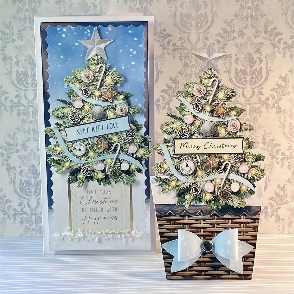 Katy Sue Designs Christmas Flower Pots Card Making Kit 17-10080cfp silver star tree with ornaments candy cane blue bow basket merry christmas card