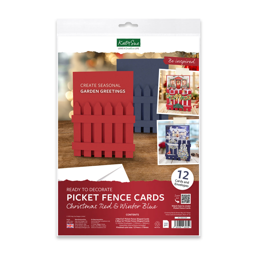 Katy Sue Designs Christmas Red and Winter Blue Picket Fence Cards and Envelopes 05-10031cpf