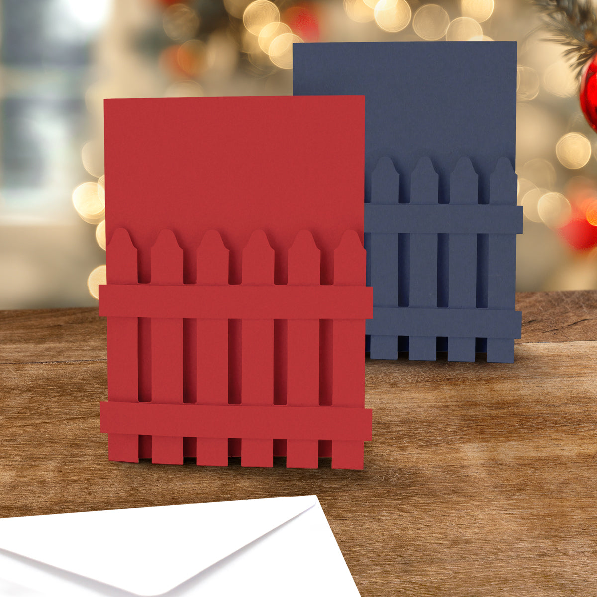 Katy Sue Designs Christmas Red and Winter Blue Picket Fence Cards and Envelopes 05-10031cpf sample