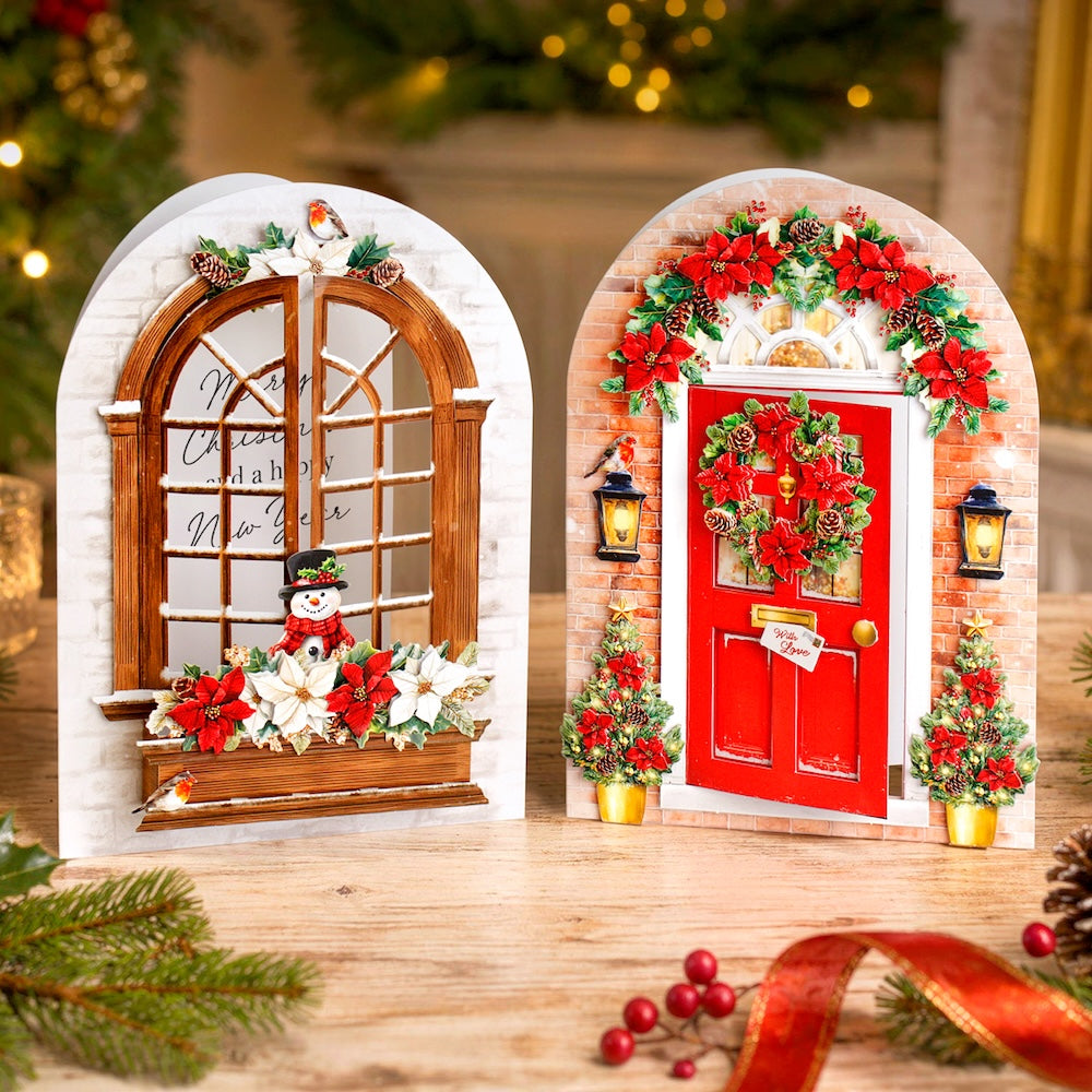 Katy Sue Designs Christmas Windows and Doors Card Making Kit 17-10111cwd cards with holiday flowers open doors and windows