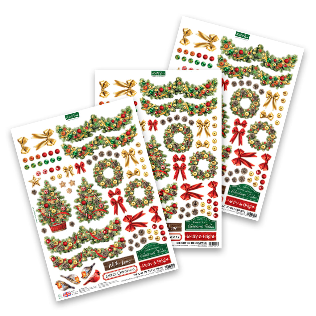 Katy Sue Designs Die Cut Decoupage Christmas Floral Embellishments Traditional 11-dcd735-t